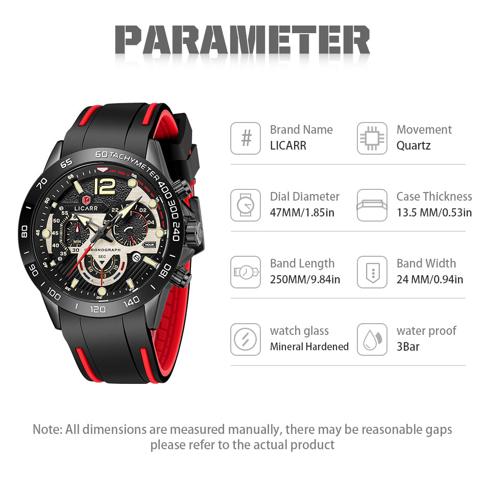 LICARR 9511 Men's Sports Watch - Quartz Movement, Chronograph, 24-Hour Display, Waterproof