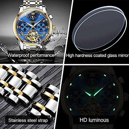 OLEVS Men Watch Automatic Mechanical Skeleton Moon Phase Dress Business Stainless Steel 3AT Waterproof Luminous Men Wrist Watch|B08RS2B56R