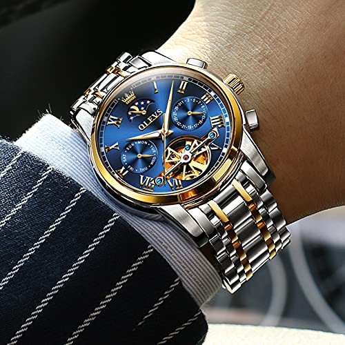 OLEVS Men Watch Automatic Mechanical Skeleton Moon Phase Dress Business Stainless Steel 3AT Waterproof Luminous Men Wrist Watch|B08RS2B56R