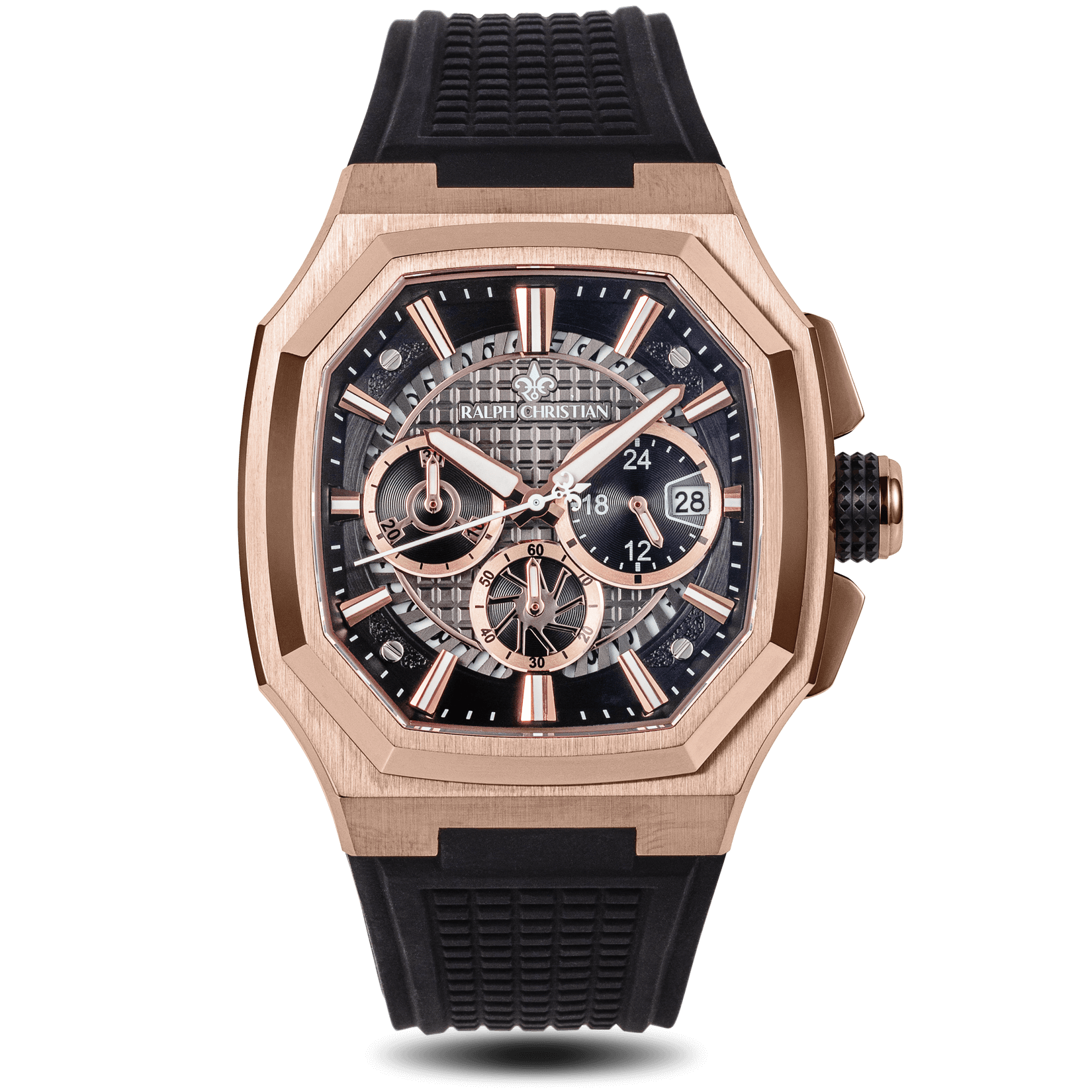 Luxury watch with rose gold case and black strap