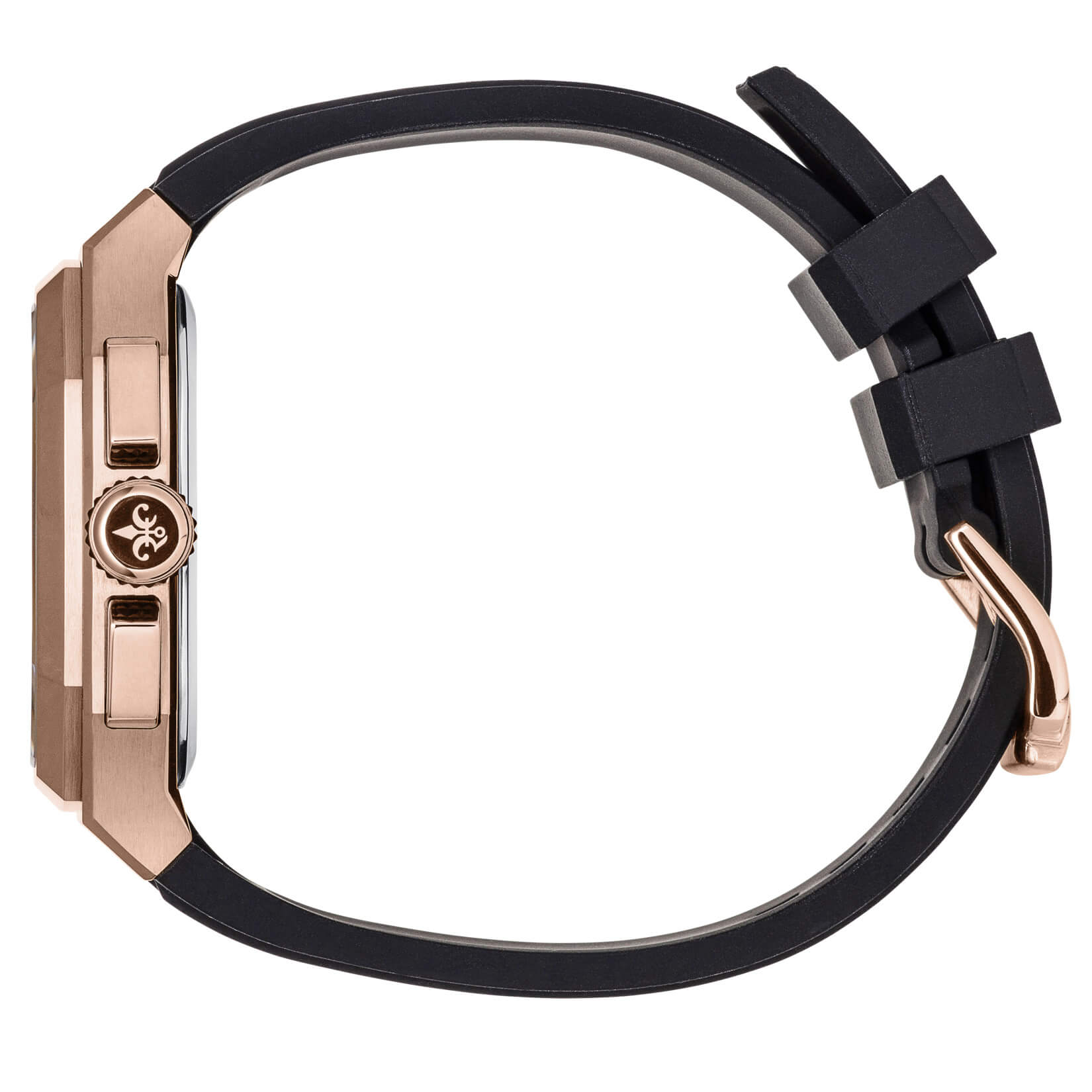 Close-up of a watch with black strap and rose gold accents on a white background