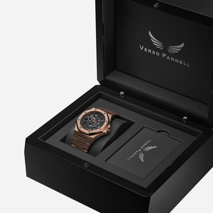 Side view of Aurora Skeleton Watch in a luxury wooden box 